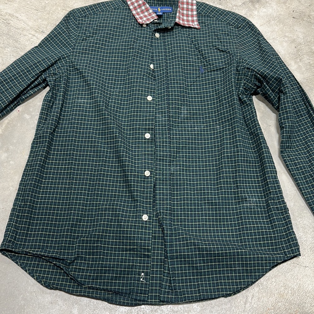Green checkered‎ shirt w/ red/green checkered collar long sleeve shirt / Size XL - Picture 2 of 7
